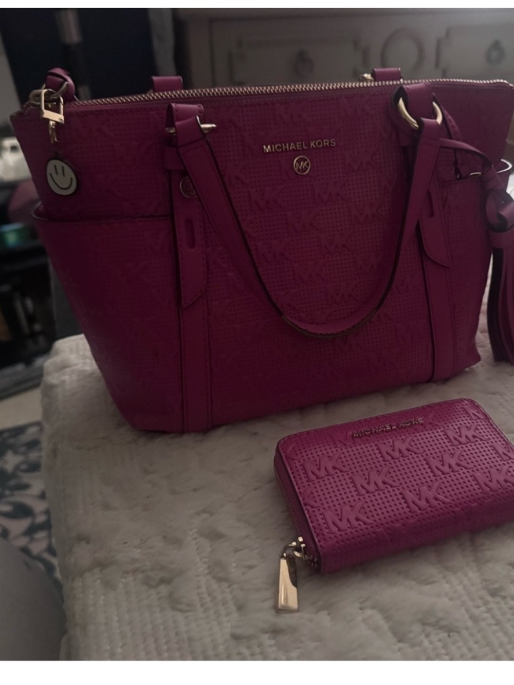 Michael Kors Fuchsia Embossed Satchel with Matching Wallet